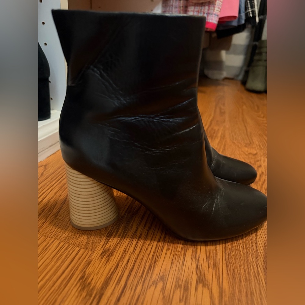 MERCEDES CASTILLO Black Leather Ankle Boots with Stacked Wood Heel